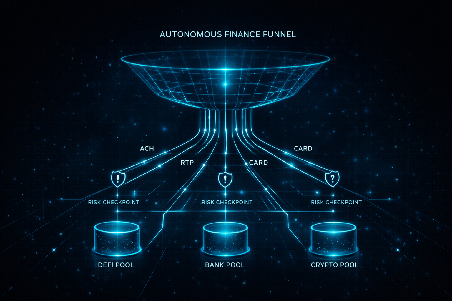 Autonomous finance funnel routing payments across ACH, RTP, card, and crypto with continuous risk checkpoints